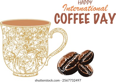 Happy International Coffee Day. Coffee Cup Silhouette with coffee beans in 3d. Coffee shop and restaurant signboard, banner, poster, wallpaper idea. editable vector, EPS 10.