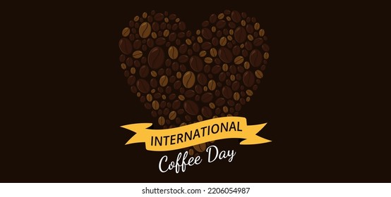 Happy International Coffee Day template background. Heart shaped coffee beans with ribbon