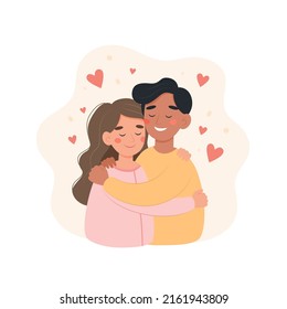 Happy international couple concept. Man and woman of different nationalities hugging each other. Cute vector illustration in flat cartoon style