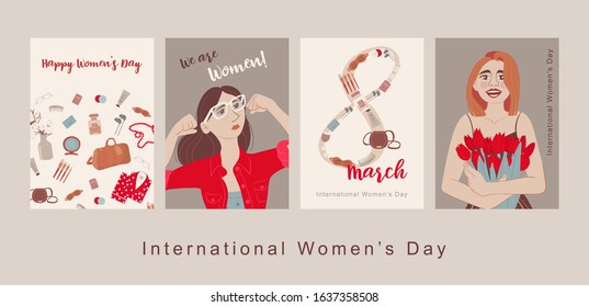 Happy International Women’s Day. Greeting card for women or Mother’s Day. Cute card, banner, poster for the holiday of women’s day on March 8. Feminisms concept template design. Vector template