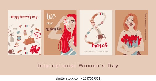 Happy International Women’s Day. Greeting card for women or Mother’s Day. Cute card, banner, poster for the holiday of women’s day on March 8. Feminisms concept template design. Vector template