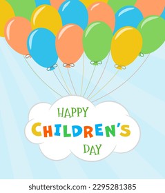 Happy International Children’s day greeting card. Many colorful balloons hold a cloud with text. Lettering by Chalk and colorful crayons in white Cloud. Poster template. Vector illustration. 