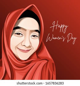 Happy International Women’s Day. Illustration of Beautiful Woman Wear Hijab. Inner Beauty with Hijab. Vector Portrait of Asian Muslim Woman. Background for Poster and Banner. 8 March. Islam for Peace