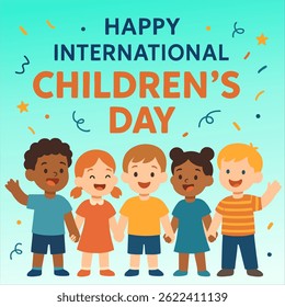Happy International Children’s Day illustration featuring a group of diverse, smiling children holding hands under festive confetti and text. Colorful, cheerful, and inclusive design perfect for celeb