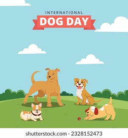 Happy International Dog Day, 26th August. Greeting card vector design. Cute cartoon labrador, bulldog, beagle and shiba inu dog playing in the park. Vector illustration. 