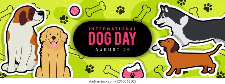 Happy International Dog day banner vector design. Cute cartoon dogs on paw pattern background 