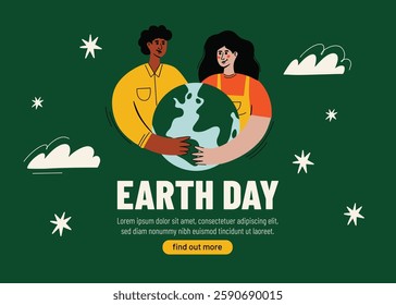 Happy international earth day 22 april web hero, social media banner design concept with diverse people hugs the planet vector illustration in cartoon groovy funky style