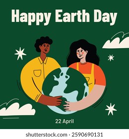 Happy international earth day 22 april social media design concept with people hugs the planet vector illustration in cartoon groovy funky style