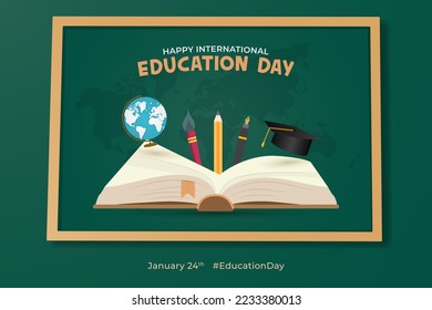 Happy International Education Day January 24th with green chalkboard illustration background design