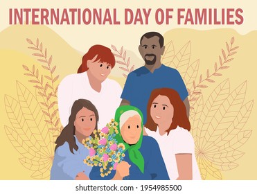 Happy International Family Day at 15 of May banner. Smiling cheerful mom, dad, grandma, teenage daughters together. Vector flat illustration.