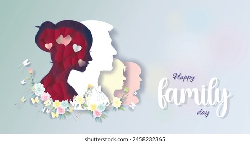 Happy international family day with Father, Mother, daughter and son with flowers and butterfly, Paper cut, Paper art style.