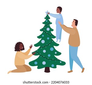 Happy international family decorate Christmas tree