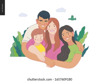 Feliz familia internacional con niños -salud familiar y bienestar- concepto moderno de vector plano ilustración digital de una familia feliz de padres e hijos, plan de seguro médico familiar