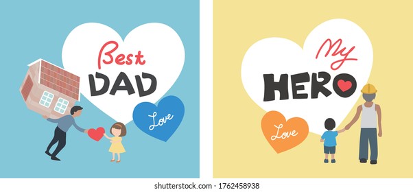 happy international father's day concept, can be use for card, poster, website, brochure background. 
daughter and son hold dad hand