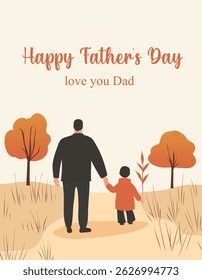 Happy International Father's Day. Flat simple vector illustration, postcard of father and son or daughter on a walk in nature. Illustration for Family Day, Children's Day, Father's Day