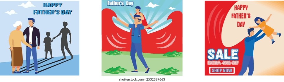 Happy International Father's Day, Help Dad, Enjoy Sunset. Happy Father's Day greeting card. Sale Banner with 40% Discount Offer and Father and Son happiness. Set flat vector modern illustration