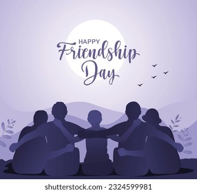 Happy international friendship day greeting card, back view of friends group. abstract vector illustration design
