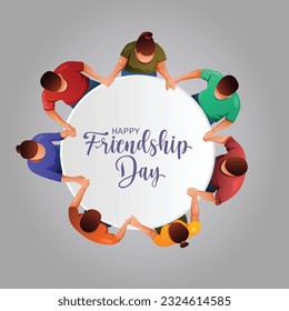 Happy international friendship day greeting card, top view of friends group. abstract vector illustration design
