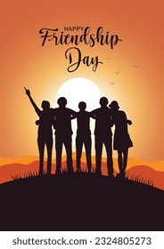 Happy international friendship day greeting card, back view of friends group. abstract vector illustration design
