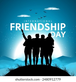 Happy international friendship day greeting card, silhouette back view of friends group. abstract vector illustration design