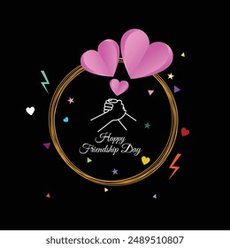 Happy international friendship day greeting card hearts and hand in hand with typography flash icons and abstract geomatrical shapes. 
 Abstract vector illustration design isolated on black background