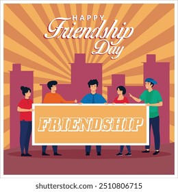 Happy international friendship day greeting card, back view of friends group. flat vector modern illustration 