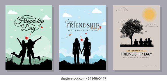 Happy International Friendship Day Post Template. Greeting card, back view of the friends' group. Abstract vector illustration design.