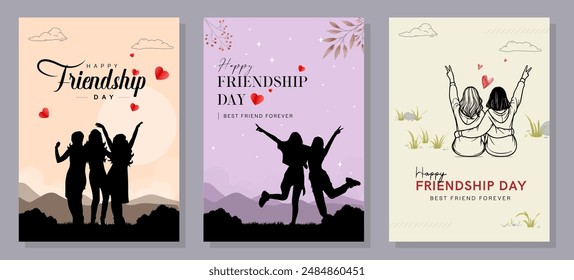 Happy International Friendship Day Post Template. Greeting card, back view of the friends' group. Abstract vector illustration design.