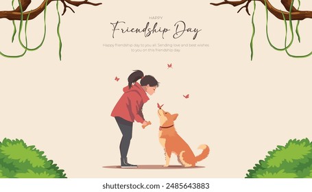 Feliz Día Internacional de la Amistad Post y Tarjeta de Felicitación. Celebración del Día de la Amistad Anuncio con una niña y una Ilustración vectorial de perro.