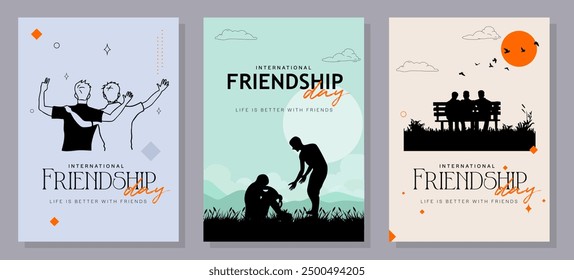 Happy International Friendship Day Post Template. Greeting card, back view of the friends' group. Abstract vector illustration design.