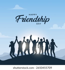 Happy International Friendship Day Post Template. Greeting card, back view of the friends' group. Abstract vector illustration design.