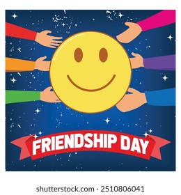 Happy international friendship day. Top view of friend's hand. Palms facing up. Smilies are painted on the palms. flat vector modern illustration 