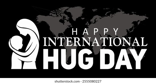 Happy International Hug Day vector illustration with silhouette of adult hugging child and world map background.