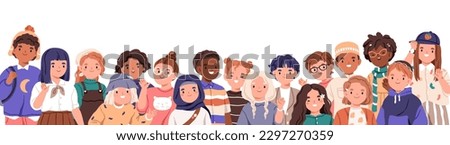 Happy international kids group. Cute smiling children together, multiethnic boys and girls team, banner. Kindergarten and school students, pupils. Flat vector illustration isolated on white background