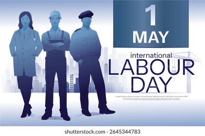 Happy International Labour day. Banner or poster with group of men and women of different professions. Background with doctor, engineer and policeman. Cartoon Flat vector illustration
