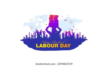 Happy International Labour Day Concept. Happy Labor Day Typography with a group of Labour, real estate city skyline, construction site and world map background.