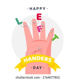 Happy International Left Handers Day - August, 13 - square banner template. Left palm, fingers with small faces carrying the letters and tagline. Celebrating sinistrality. Being left-handed