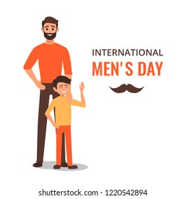 Happy International Men's Day. Dad with his son standing.the parent put his hand on his son's shoulder. Tenderness and care