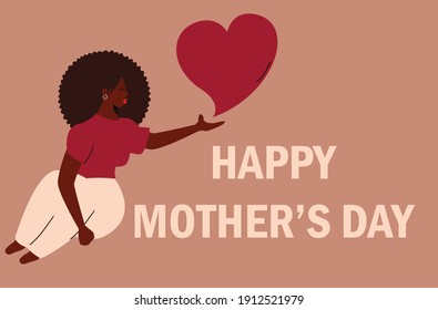 Happy International Mother's Day Card Greeting Invitation. Flat Female Character Of An African American Latino Woman Sitting With A Red Heart. Women's Empowerment Movement And Equality Concept.	