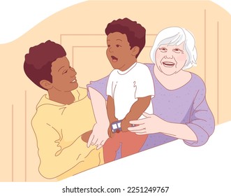 Happy international, multi-ethnic family. European grandmother and black grandchildren hug and laugh. African American loving family. Brothers, siblings, children of all ages. For posters, flyers,