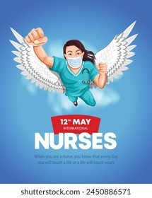 Happy International Nurse Day. Super Hero Nurse Mitarbeiter fliegen mit Himmel. Abstrakte Vektorillustration Poster Design	