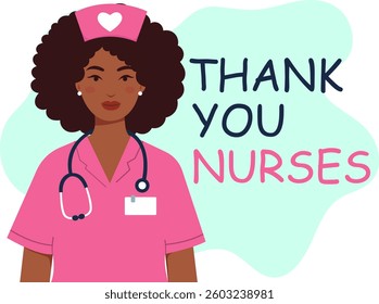 Happy International Nurses Day vector illustration. Thank you nurses appreciation card with African American female nurse in pink uniform and stethoscope