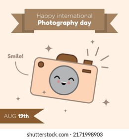 Alles Gute für den internationalen Fototag Social Media Post, Banner, Fotokamerafreiheit Werbekonzept, süße kawaii Cam Marketing Platz und, 19. August Urlaub abstrakte Print, isoliert.