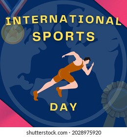 Happy International Sports day with running person icon and medal element