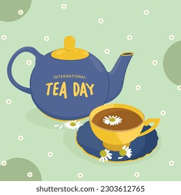 Happy International Tea Day Vector Illustration with Teapot and Chamomile