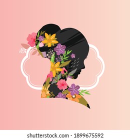 Happy International woman day concept with silhouette of woman with full of floral