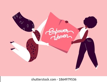 Happy International Woman Day Congratulation.African Different Strong Brave Girls on Meeting Hold Poster.Empower Women.Free Confident Ladies on Parade. Feminine,Female Empowerment. Vector illustration