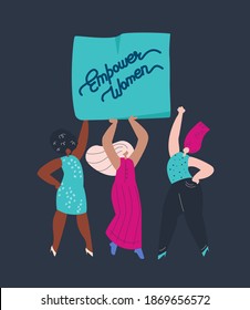 Happy International Woman Day Congratulation.African, Strong, Brave Girls on Meeting Holding Poster.Empower Women.Free Confident Ladies on Parade. Feminine,Female Empowerment. Flat Vector illustration