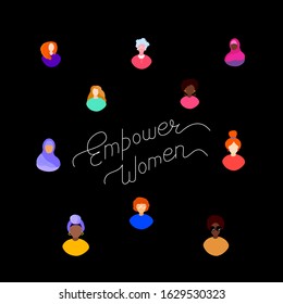 Happy International Woman Day Congratulation.Feminism concept.Different Skin,Nationality,Religion Girl Together.Eight of March.Free Confident Women.Feminine,Female Empowerment.Flat vector illustration