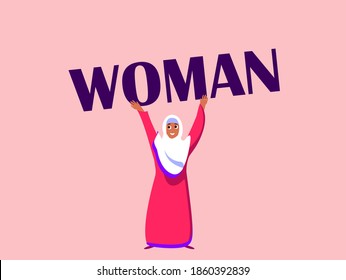 Happy International Woman Day Congratulation.Feminism concept.Bright Muslim Smiling Girl in Hijab with Appealing Woman Word. Eight of March.Free Confident Women.Female Empowerment. Vector illustration
